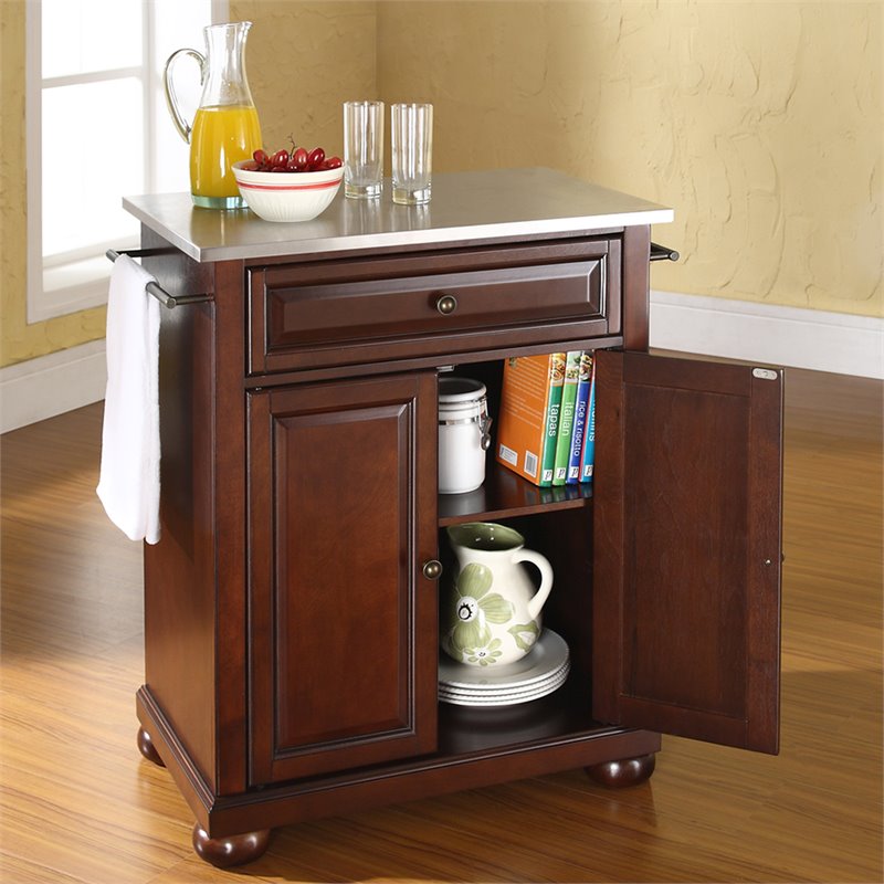 Catania Modern Stainless Steel Top Portable Kitchen Island in Mahogany