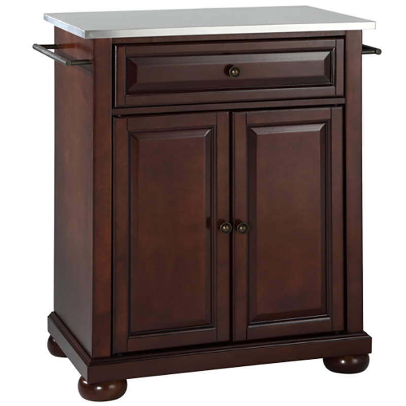 Catania Modern Stainless Steel Top Portable Kitchen Island in Mahogany