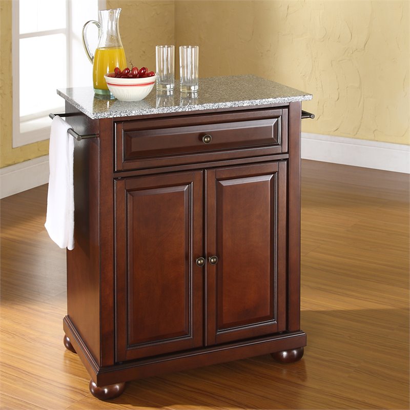Catania Modern Gray Granite Top Portable Kitchen Island in Mahogany