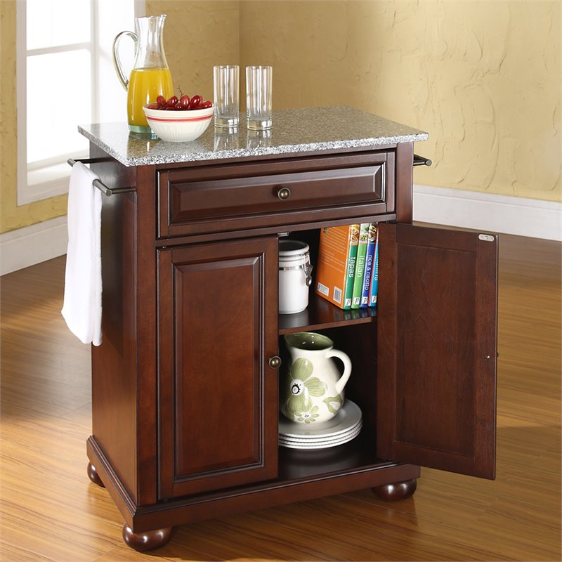 Catania Modern Gray Granite Top Portable Kitchen Island in Mahogany