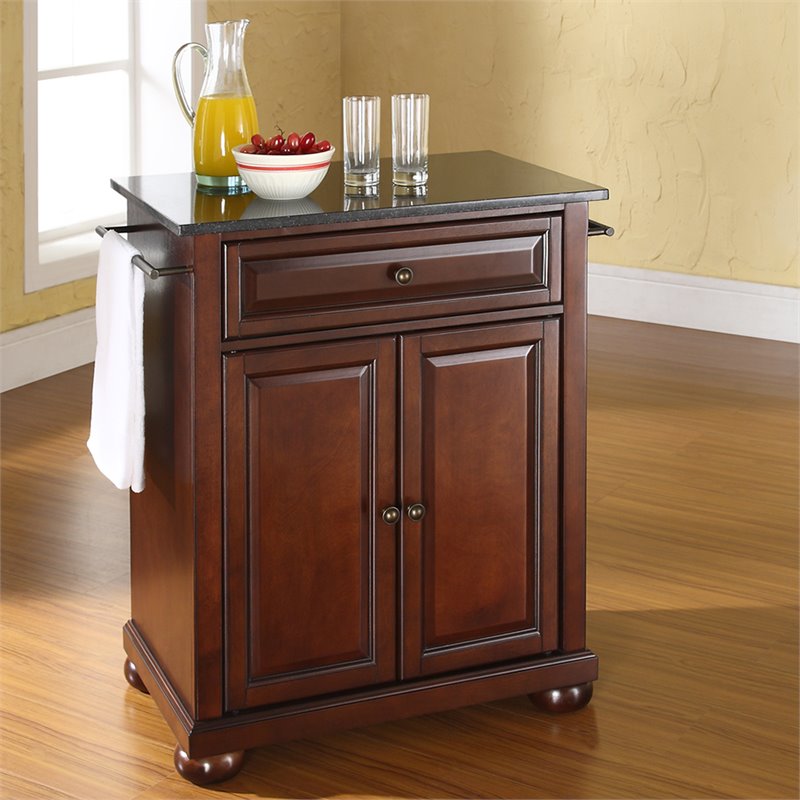 Catania Modern Black Granite Top Portable Kitchen Island in Mahogany