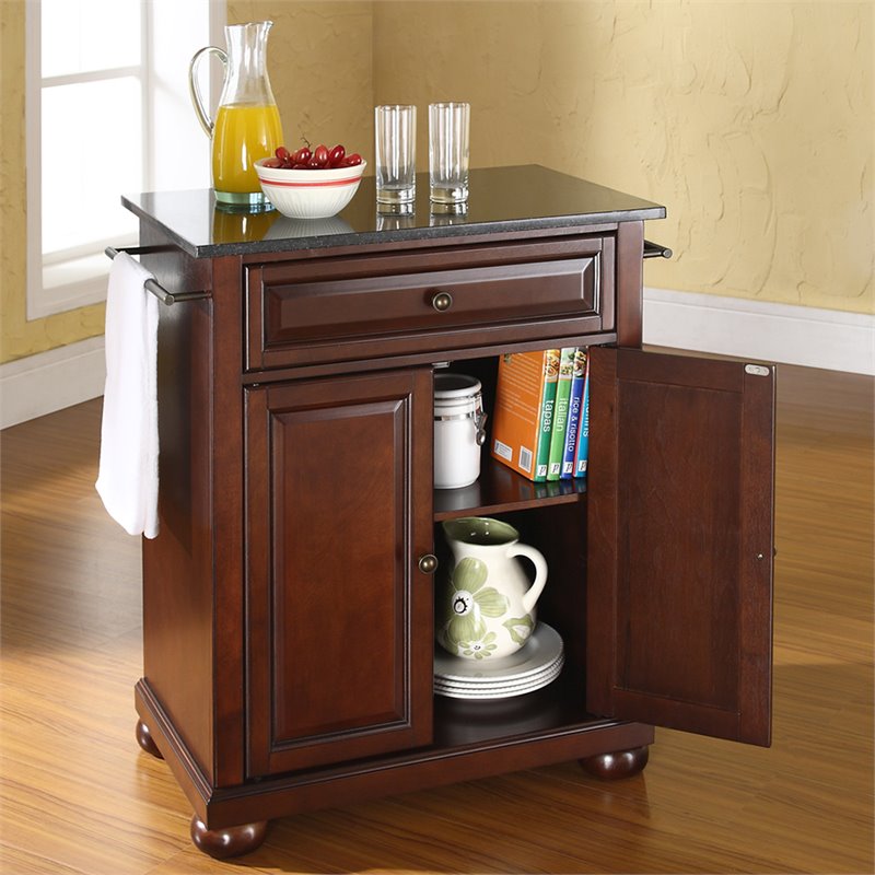 Catania Modern Black Granite Top Portable Kitchen Island in Mahogany
