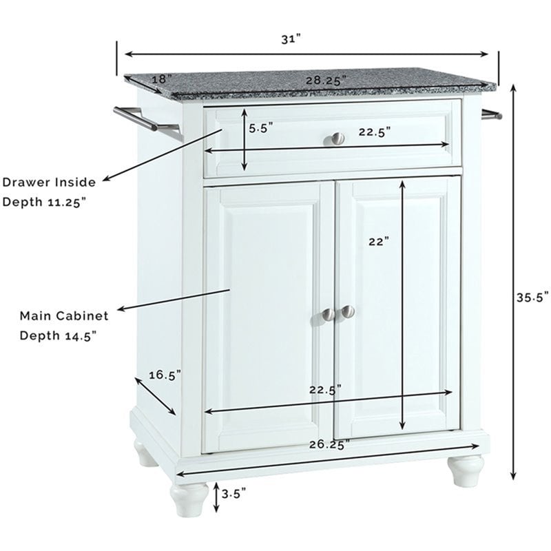Catania Modern Gray Granite Top Portable Kitchen Island in White