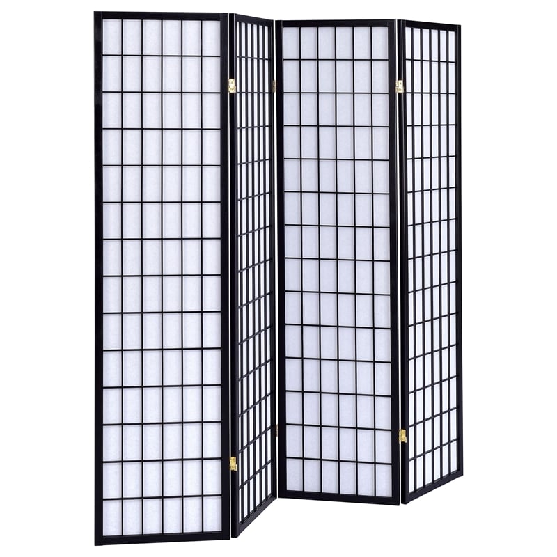 Catania Modern Wood Four Panels Screen Room Divider with Linear Grid in Black