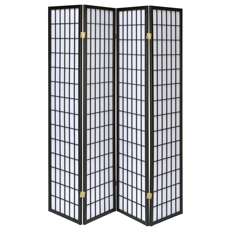 Catania Modern Wood Four Panels Screen Room Divider with Linear Grid in Black