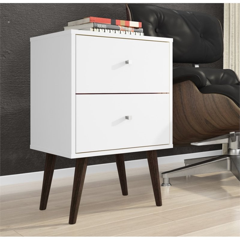 Catania 2-Drawer Mid-Century Solid Wood End Table in White/Brown