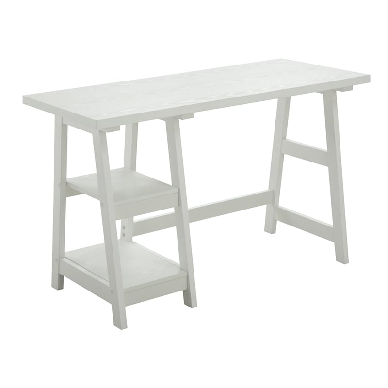 Catania Modern Trestle Desk with Shelves in White Wood Finish