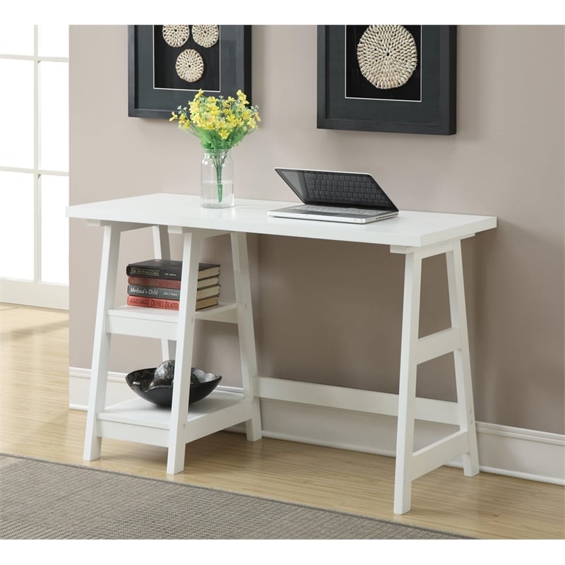 Catania Modern Trestle Desk with Shelves in White Wood Finish