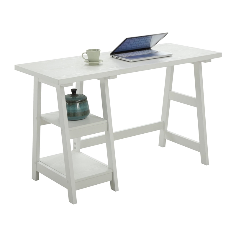 Catania Modern Trestle Desk with Shelves in White Wood Finish