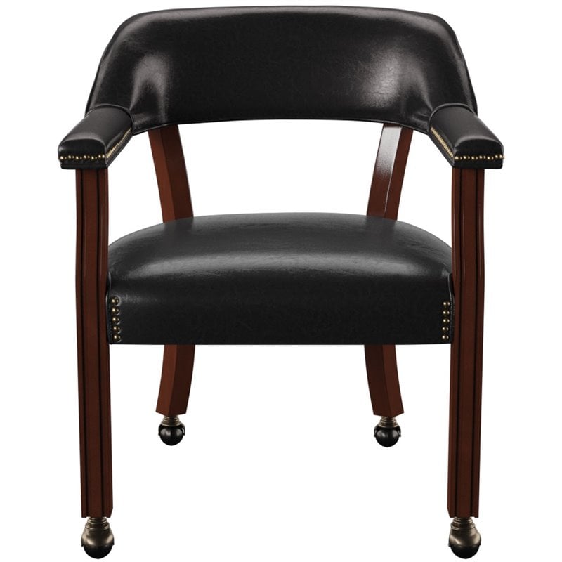 Bowery Hill Traditional Wood Box Seat Black Vinyl Arm Chair with Casters - Black