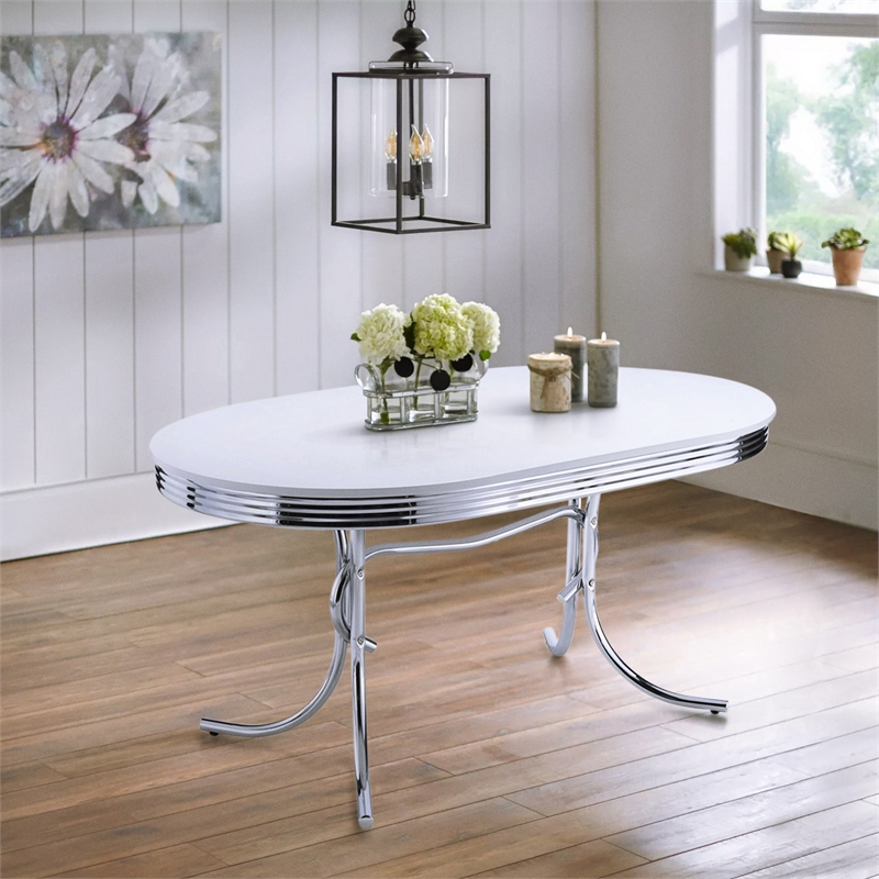 Bowery Hill Modern Metal Chrome Plated Oval Dining Table with White Top