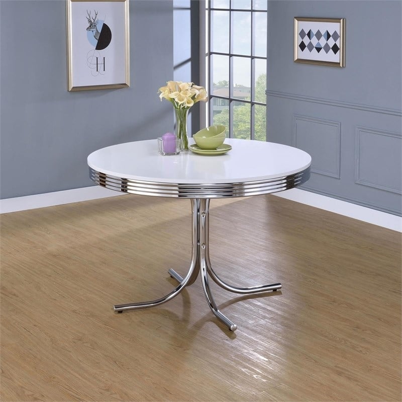 Bowery Hill Modern Metal Round Dining Table in White and Chrome