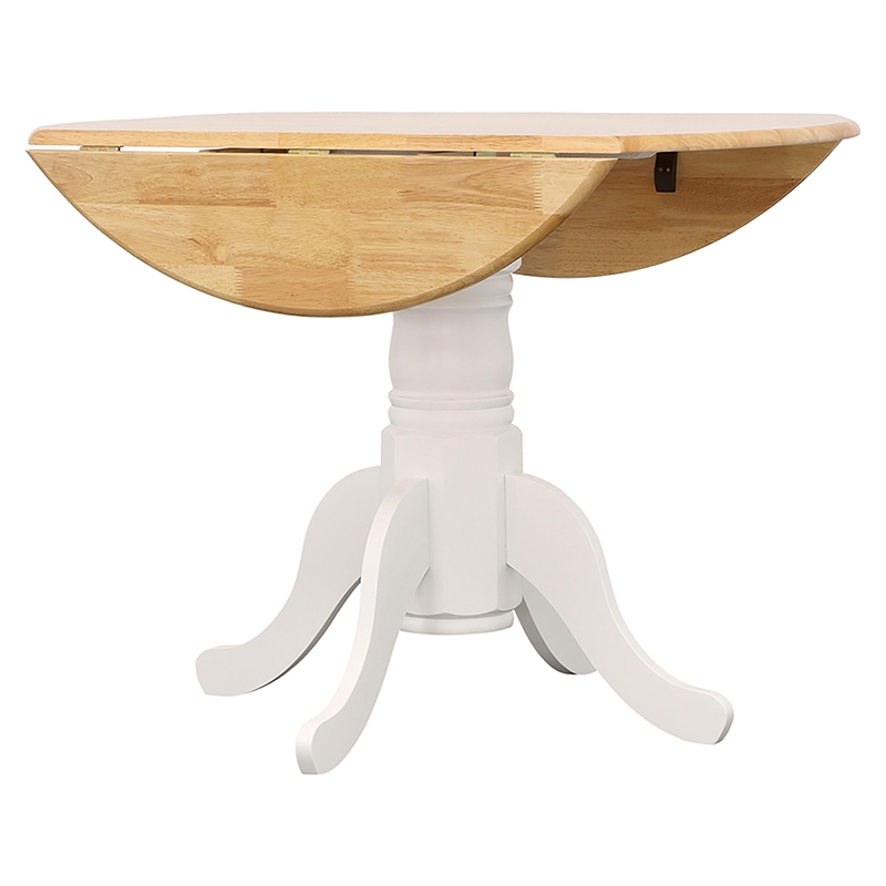 Bowery Hill Round Drop Leaf Dining Table in Natural Brown and White