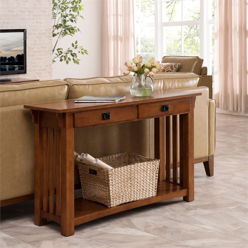 Bowery Hill Solid Ash Medium Oak Console Table Rectangular Bottom Shelf 48