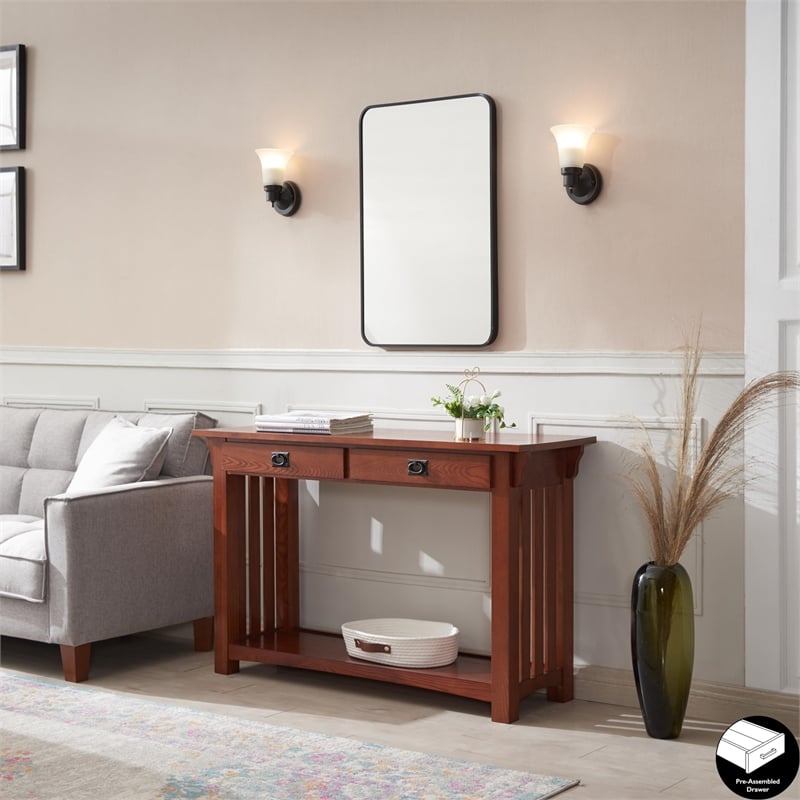 Bowery Hill Solid Ash Medium Oak Console Table Rectangular Bottom Shelf 48