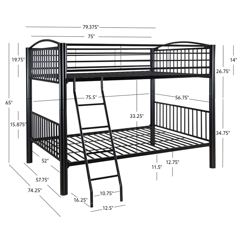 Bowery Hill Modern Metal Full Over Full Bunk Bed Attached Ladder in Black