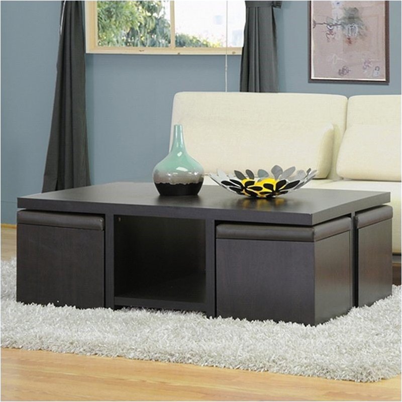 Bowery Hill Table and Stool Set with Hidden Storage in Dark Brown