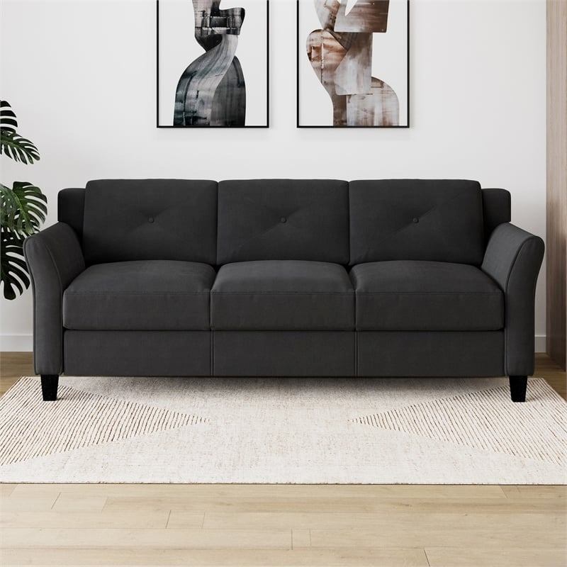 Bowery Hill Tufted Modern Polyester Microfiber Sofa with Curved Arm in Black