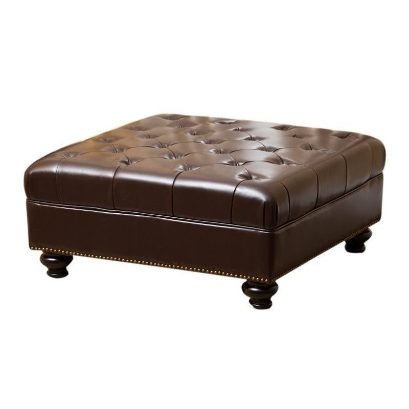 Bowery Hill Leather Ottoman Coffee Table In Dark Brown