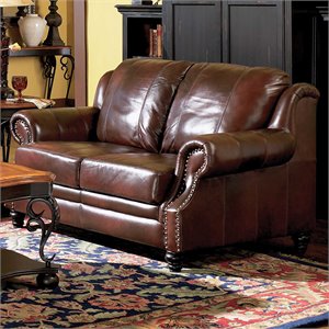 bowery hill leather loveseat with nailhead trim in burgundy