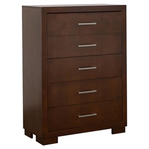Bowery Hill 5 Drawer Contemporary Solid Wood Chest in Cappuccino/Silver