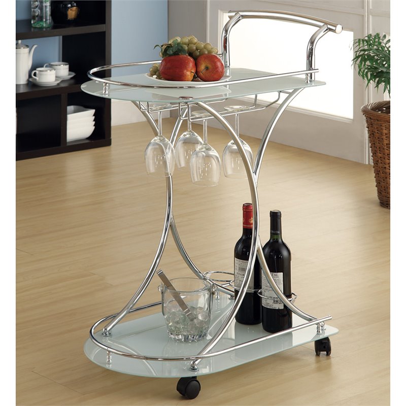Bowery Hill Glass Top Bar Cart in Chrome and White