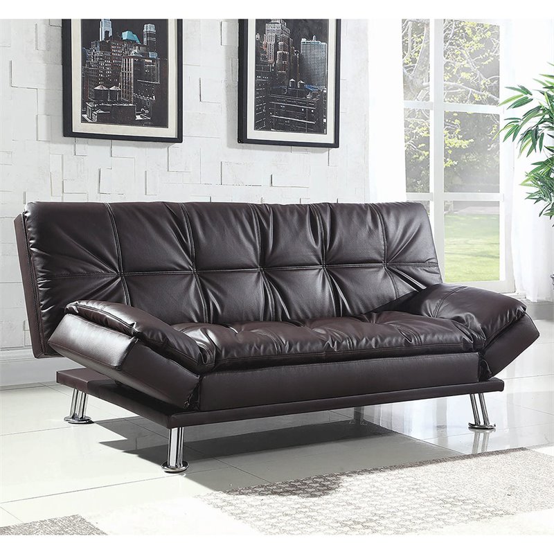 Bowery Hill Faux Leather Tufted Sleeper Sofa in Brown and Chrome