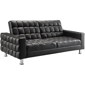 bowery hill faux leather tufted sleeper sofa in brown and chrome