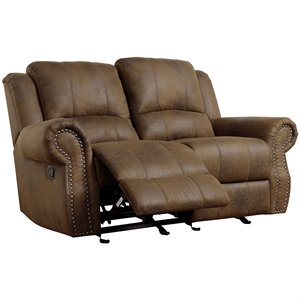 bowery hill gilder reclining loveseat with nailhead trim in brown