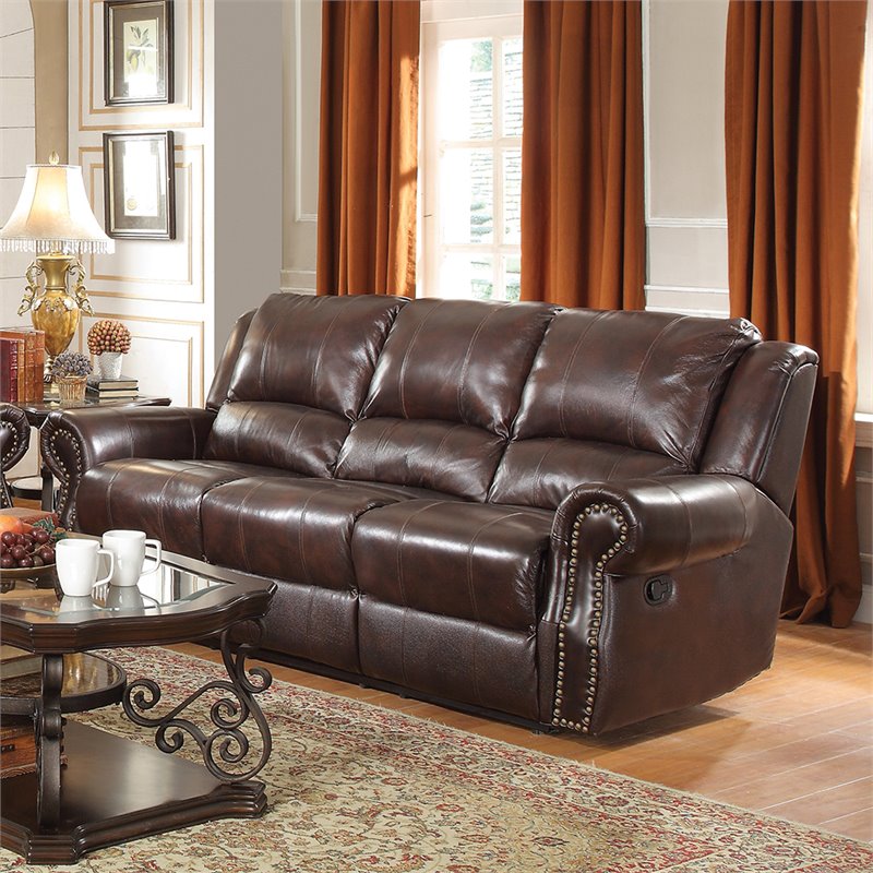 Bowery Hill Leather Reclining Sofa With, Brown Leather Nailhead Reclining Sofa