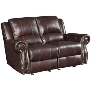 bowery hill leather glider reclining loveseat in dark brown