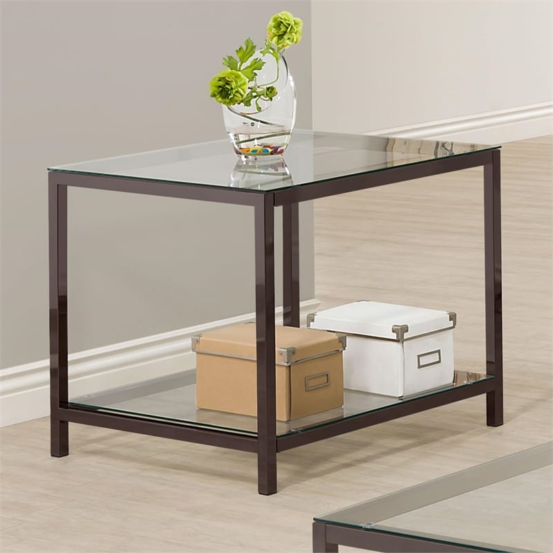 Bowery Hill Contemporary Metal End Table with Glass Top in Black