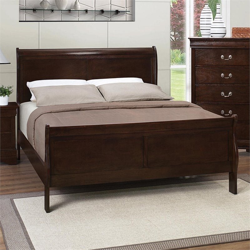 Bowery Hill Asian Hardwood Queen Sleigh Panel Bed in Cappuccino