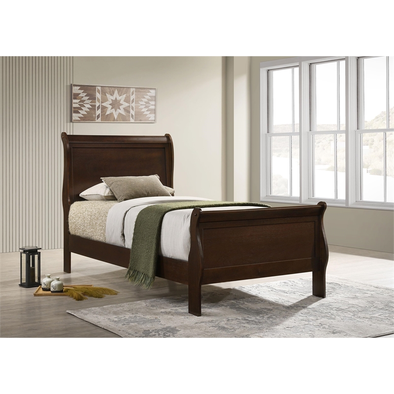 Bowery Hill Traditional Asian Hardwood Twin Sleigh Bed in Cappuccino