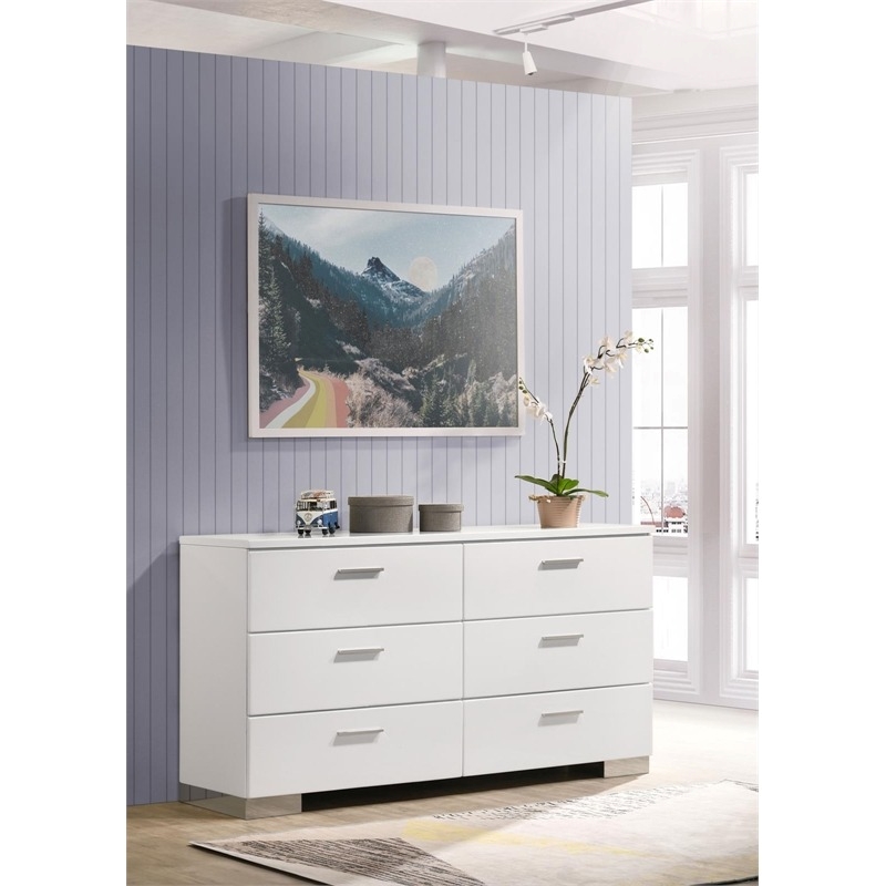 Bowery Hill 6-Drawer Contemporary Wood Dresser with Chrome Legs in Glossy White