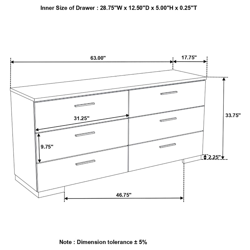 Bowery Hill 6-Drawer Contemporary Wood Dresser with Chrome Legs in Glossy White
