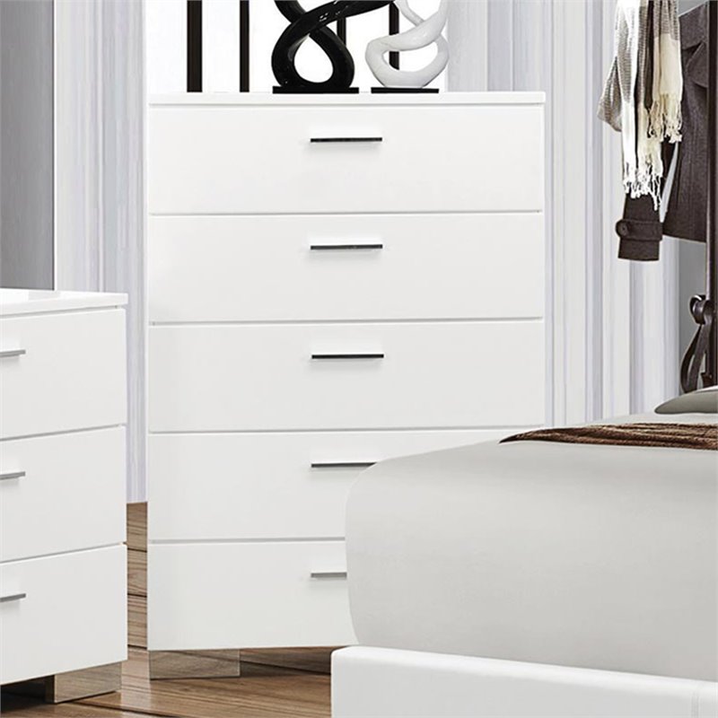 Bowery Hill 5 Drawer Chest in Glossy White and Silver