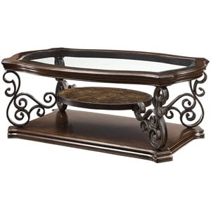Bowery Hill 2-Shelf Glass Top Wood Rectangular Coffee Table in Deep Merlot