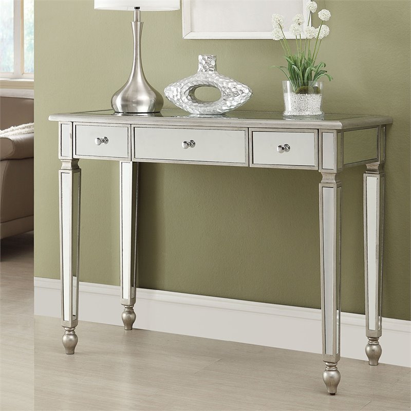 Bowery Hill 3 Drawer Mirrored Accent Console Table In Antique Bowery Hill 3 Drawer Mirrored Accent