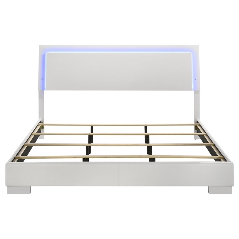 Bowery Hill Wood Eastern King LED Panel Bed in White High Gloss
