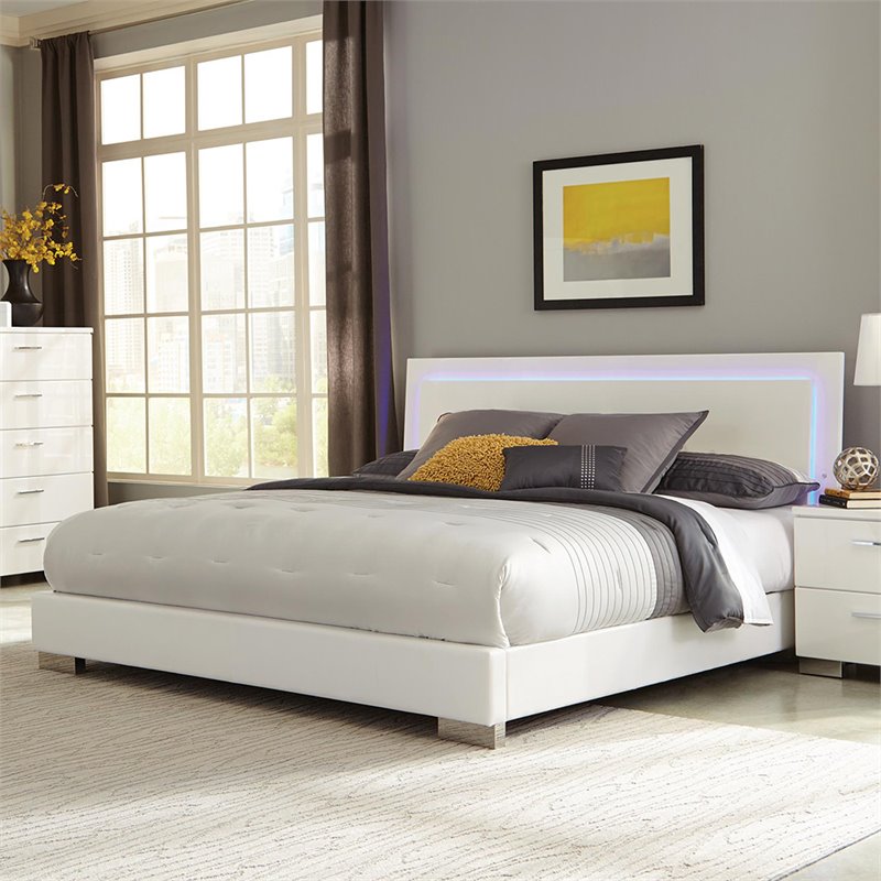 Bowery Hill Wood Eastern King LED Panel Bed in White High Gloss
