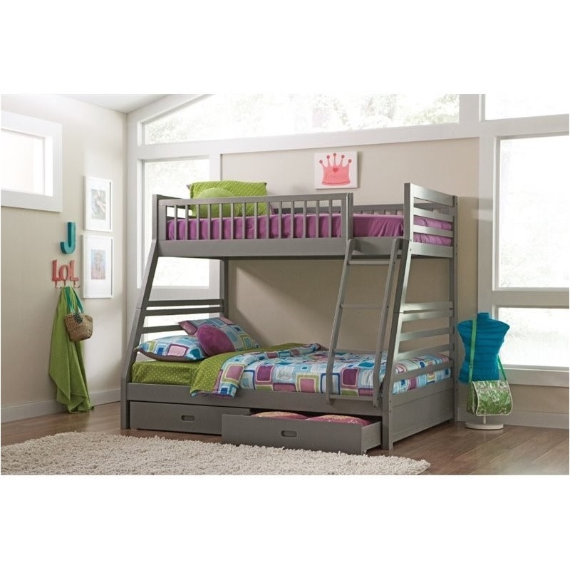 Bowery Hill Transitional Wood Twin Over Full Bunk Bed with Drawers in Gray