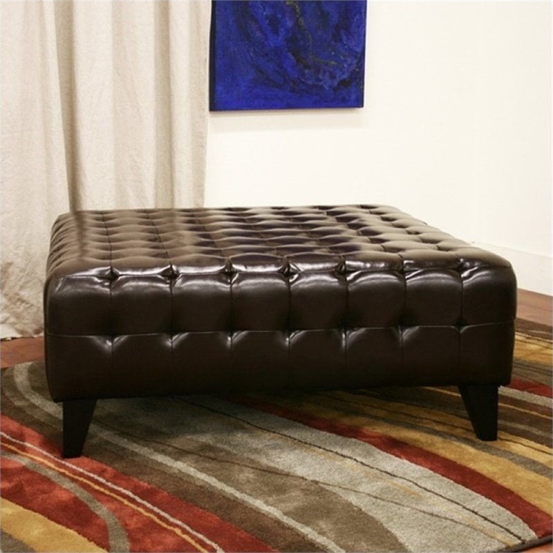 Bowery Hill Square Leather Ottoman in Dark Brown