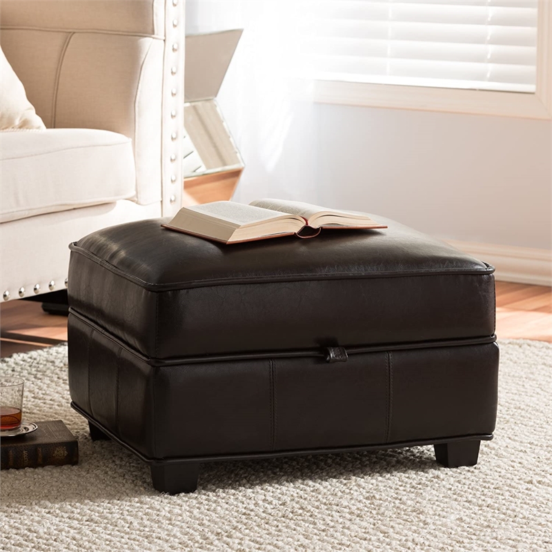 Bowery Hill Faux Leather Storage Ottoman in Dark Brown
