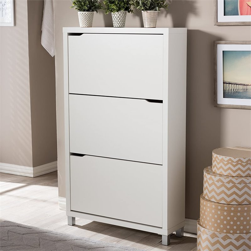 Bowery Hill Modern 3 Shelf Shoe Storage Cabinet in White