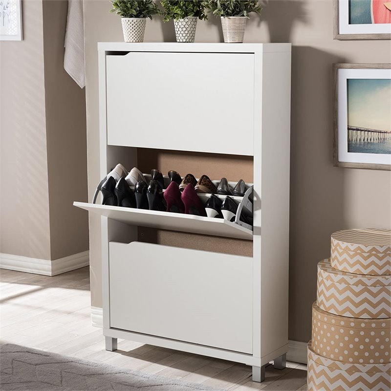 Bowery Hill Modern 3 Shelf Shoe Storage Cabinet in White