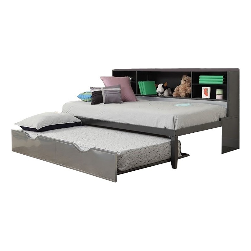 Bowery Hill Transitional Metal Twin Bookcase Bed with Trundle in Black/Silver
