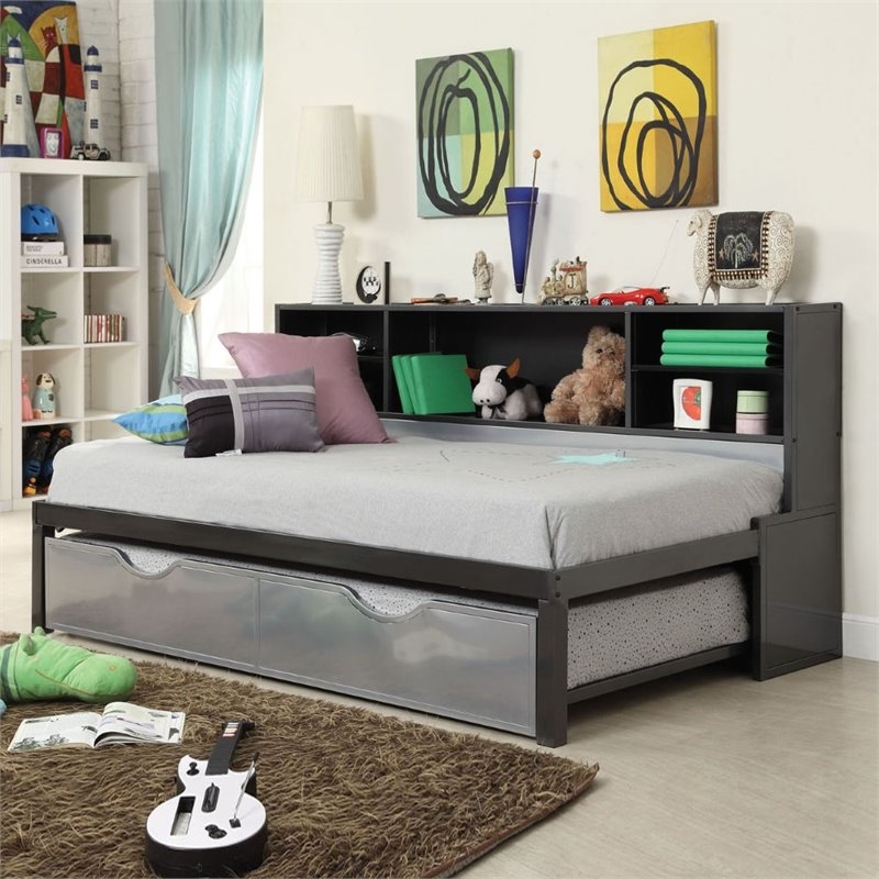 Bowery Hill Transitional Metal Twin Bookcase Bed with Trundle in Black/Silver