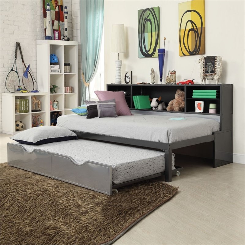 Bowery Hill Transitional Metal Twin Bookcase Bed with Trundle in Black/Silver