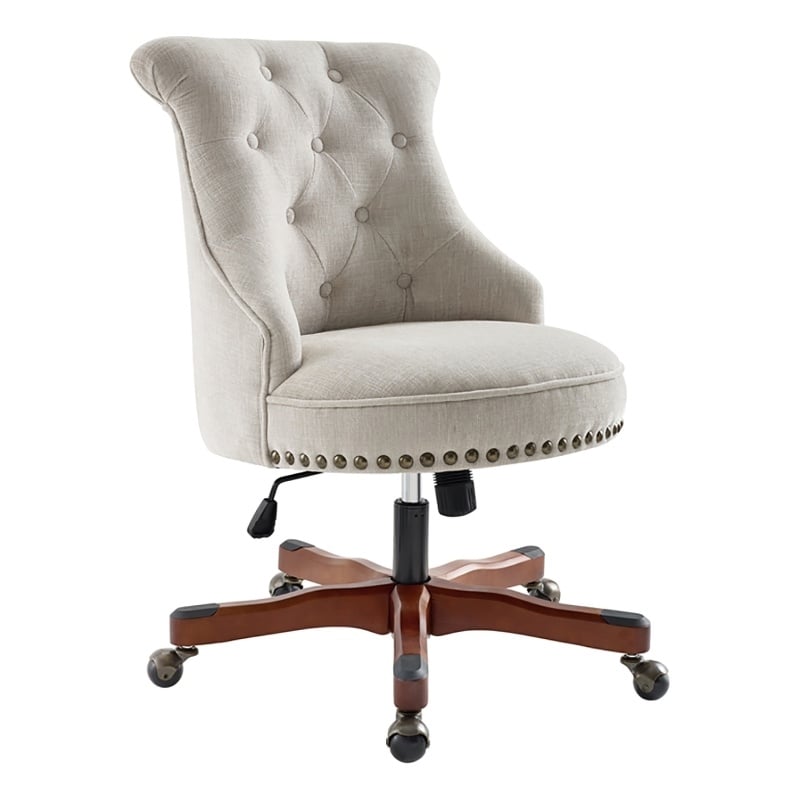 Bowery Hill Traditional Fabric Armless Office Chair in Dark Walnut/Natural Beige